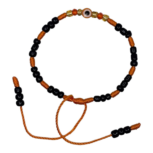 Wrist Beads -  Black & Orange with Evil Eye