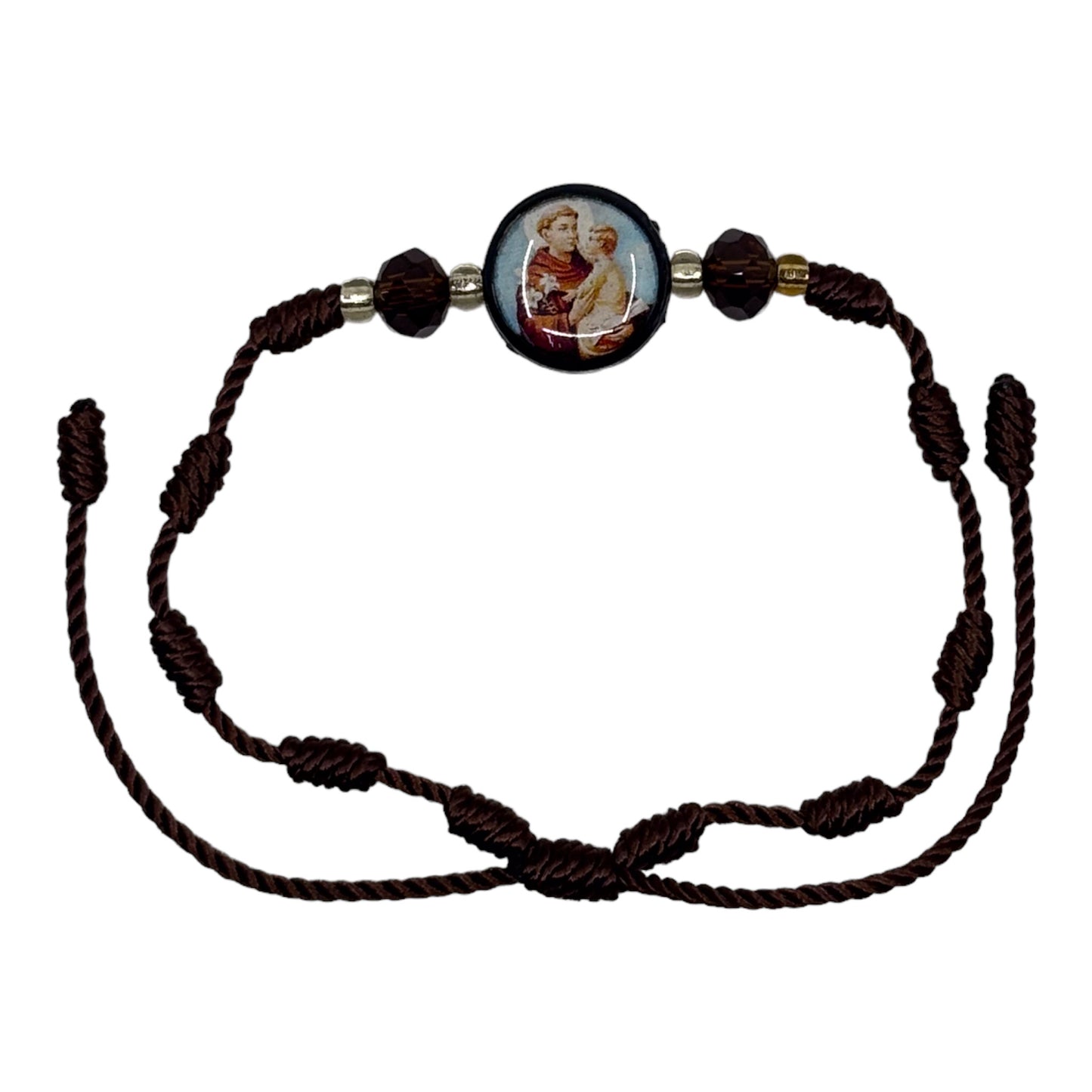 Wrist Bracelet - Brown String Knots with St. Anthony Image