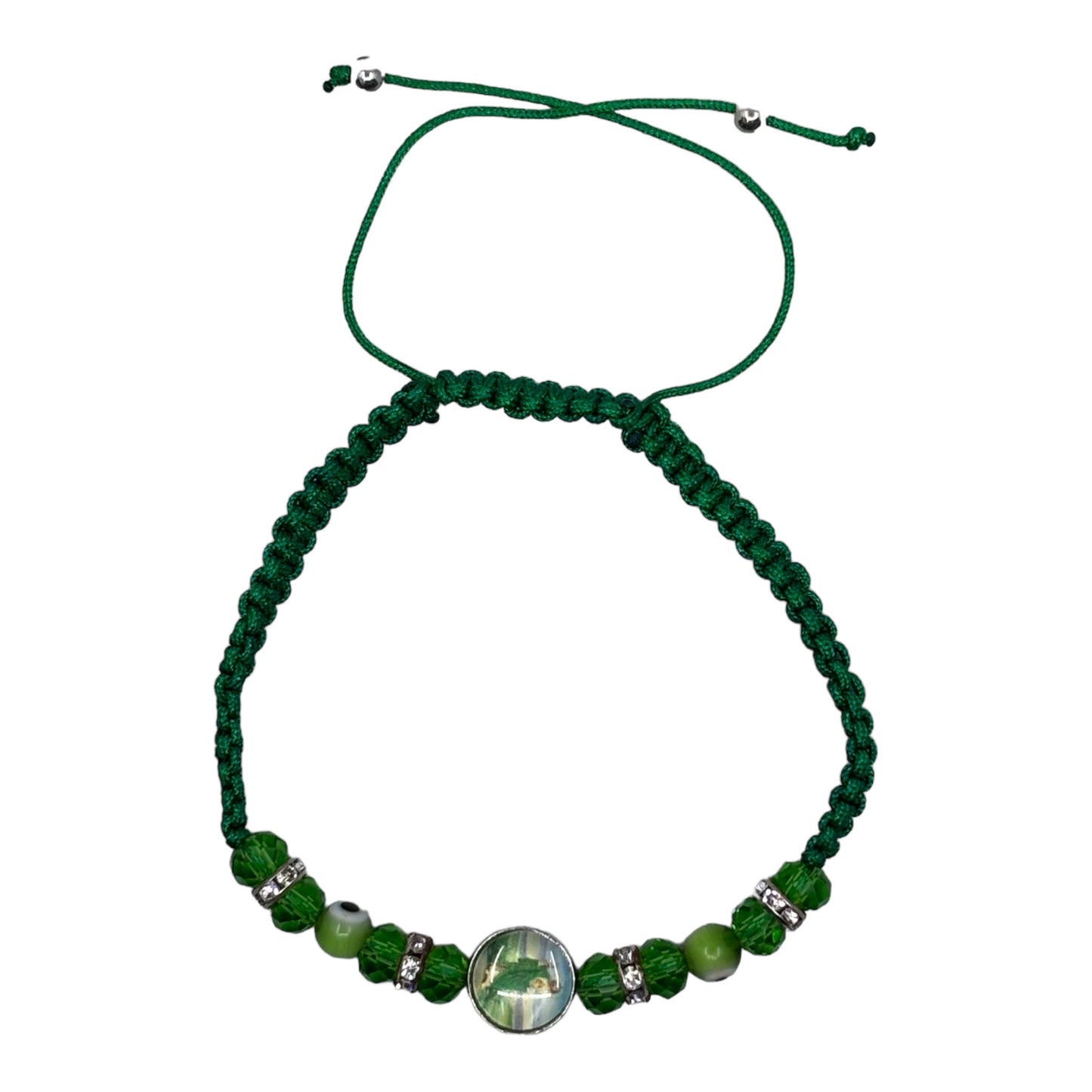 Wrist Bracelet - Green String with Evil Eye & St. Jude Image