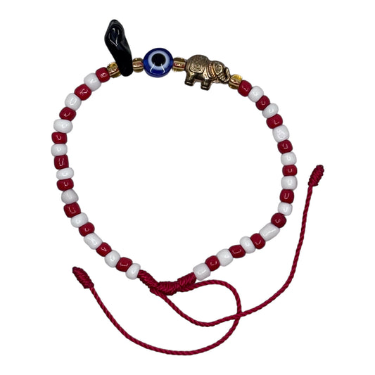Wrist Beads - White & Red with Evil Eye, Fist & Elephant