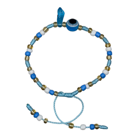 Wrist Beads - Sky Blue & White with Evil Eye & Fist